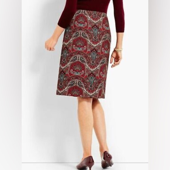 NWOT Talbots Red Opulent Damask Button-front Faux Wrap Pencil Skirt - Picture 3 of 16